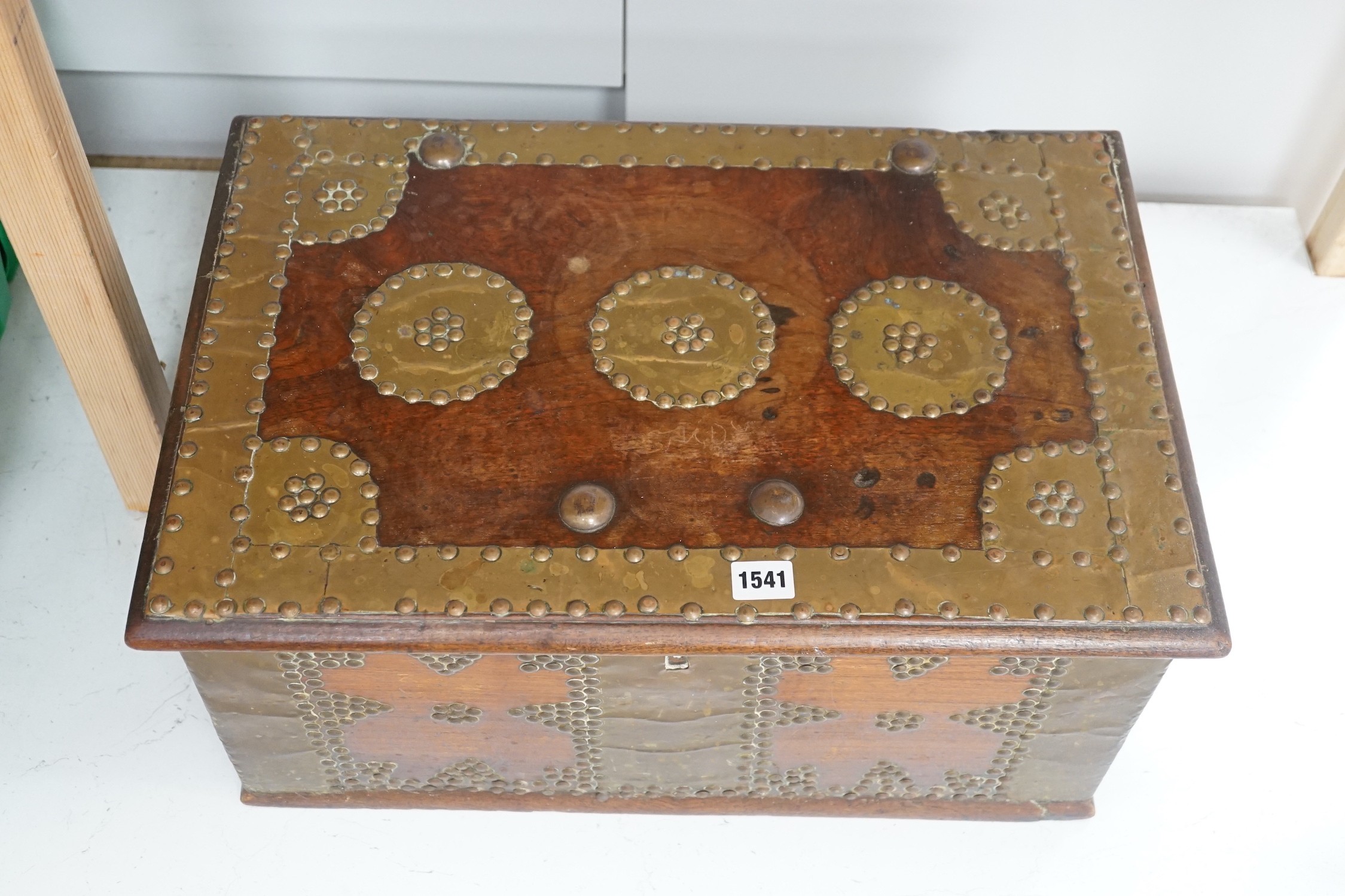 An 18th / 19th century brass mounted hardwood bible box, 50cm wide, 26cm tall